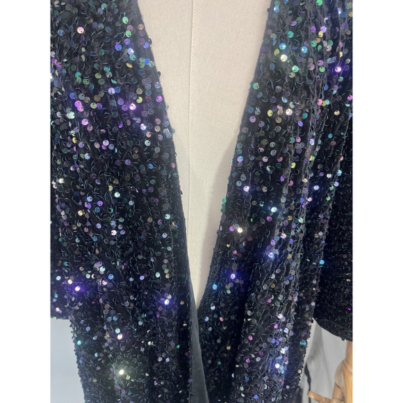 New Torrid Womens Black Sequined Ruana Wrap Cover Up Kimono OSFM Velvet Satin - Picture 7 of 17